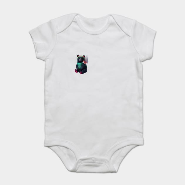 black bear wearing a green bib with the text “WHAT YOU MEAN JUICE FREE?” and a green hat with red dots. The bear is holding a fish in its left paw and sitting with its right paw resting on its leg, displaying pink pads on the soles of its feet Baby Bodysuit by animegirlnft